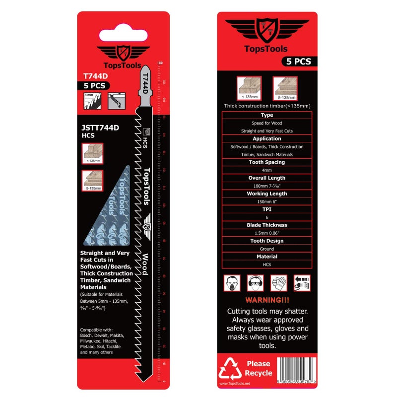 TopsTools 5 x TopsTools JSTT744D T744D 180mm Jigsaw Blades Designed for Long Clean Straight and Fast Cuts in Wood - Image 5